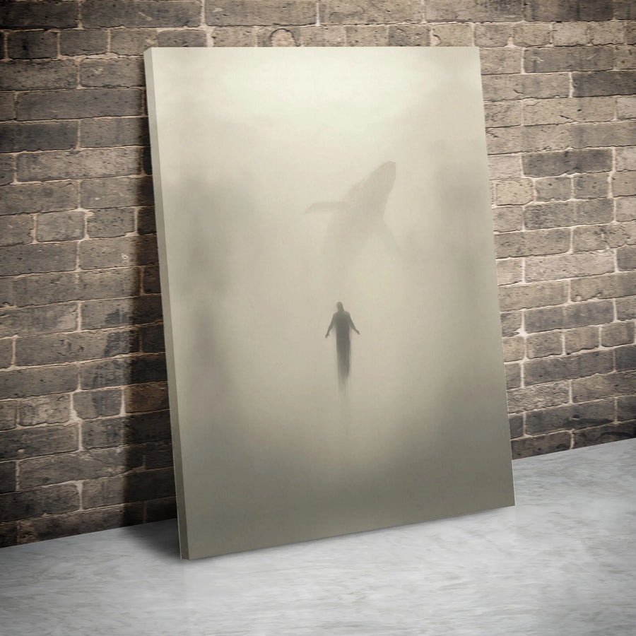 Surreal Whale Canvas Print | Misty Dreamscape with Levitating Figure | Premium Gallery Wrap Canvas | Collector's Gift for Modern Home Decor