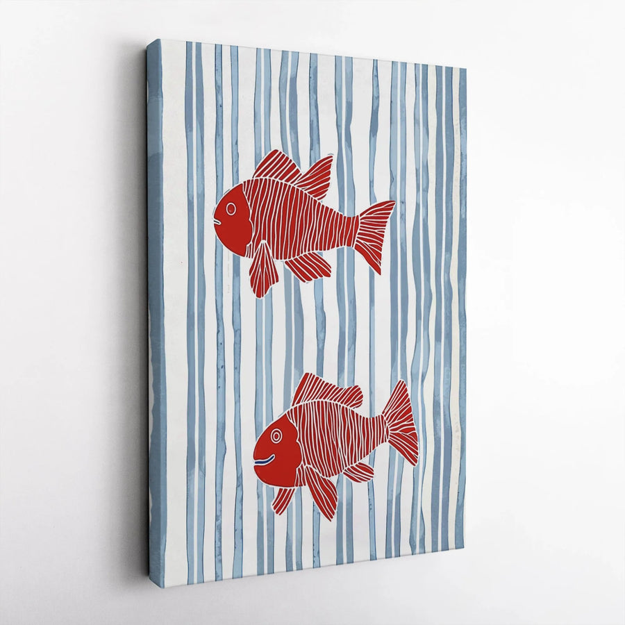 Red Fish Coastal Wall Art | Modern Minimalist Nautical Stripe Print | Premium 1.25" Thick Gallery Canvas | Beach House & Nursery Decor