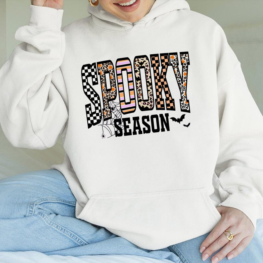 Spooky Season Hoodie | Retro Halloween Leopard Print Checkered Design | Premium Cotton Blend | Aesthetic Fall Apparel Gift for Women