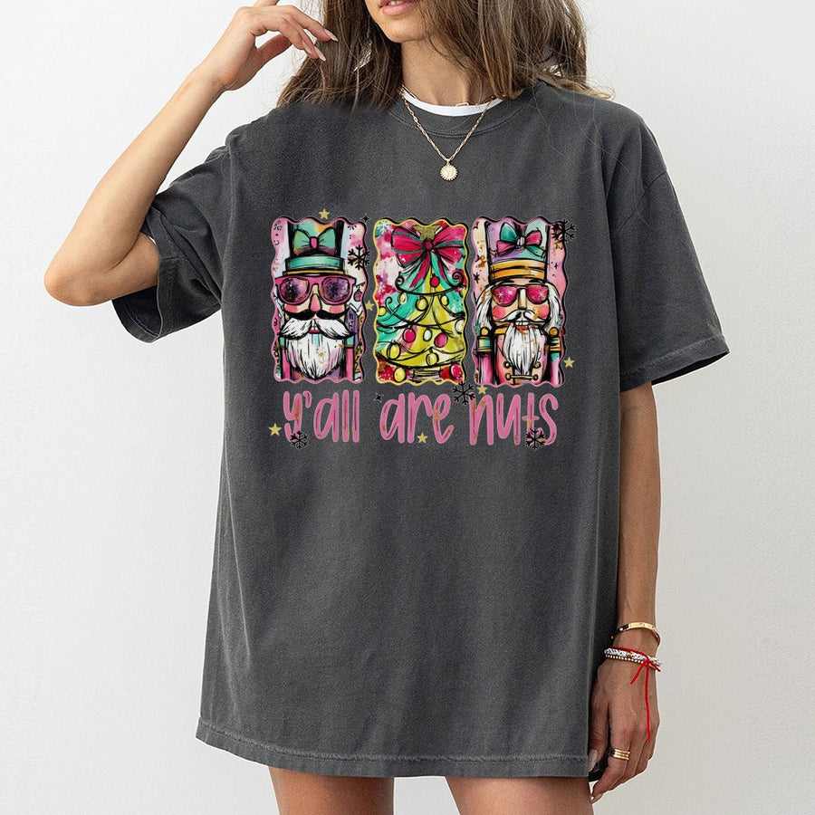 Y'all Are Nuts Nutcracker T-Shirt | Funny Preppy Christmas Graphic Tee | 100% Cotton Premium Comfort | Festive Holiday Gift for Women and Men