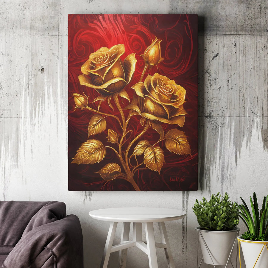 Golden Rose Canvas Wall Art | Luxury Floral Painting on Red Background | Premium Gallery Wrapped Print | Modern Gothic Home Decor Gift