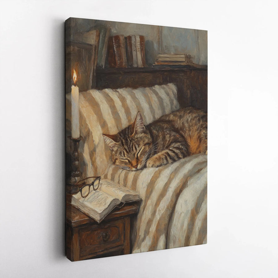 Sleeping Tabby Cat Canvas Art | Cozy Bookstore Aesthetic | Premium Gallery Wrap Wall Decor | Book Lover Gift Idea for Library or Bedroom