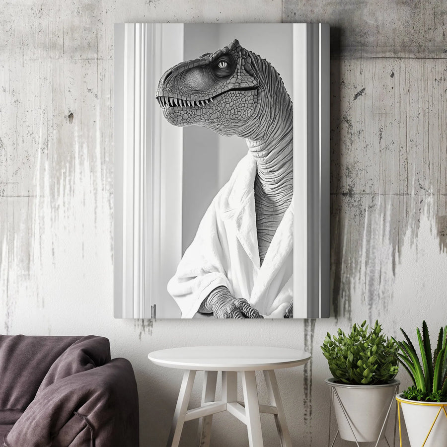 T-Rex Canvas Wall Art | Funny Dinosaur Wearing Bathrobe | Premium Gallery Wrap Print | Modern Quirky Home Decor Gift