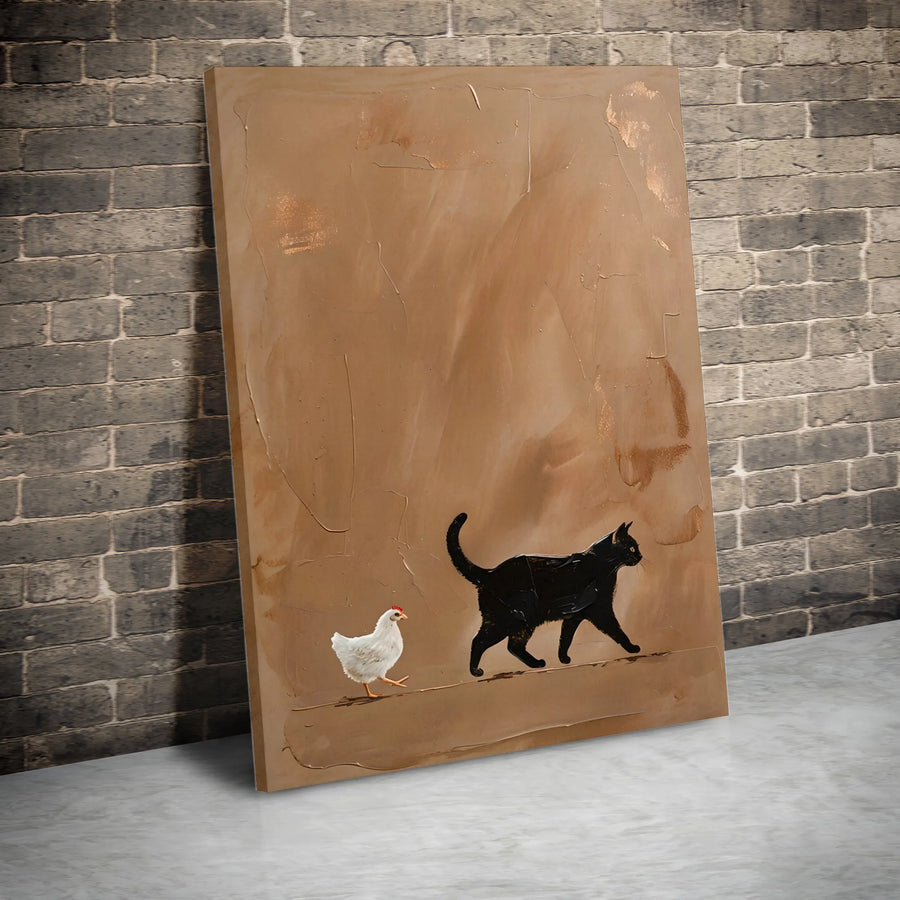 Black Cat and Chicken Vertical Canvas | Minimalist Textured Animal Art Print | Premium Gallery Wrapped Canvas | Modern Farmhouse Wall Decor Gift for Animal Lovers