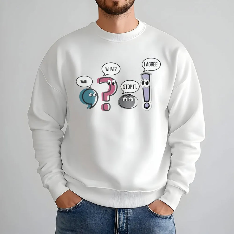 Funny Grammar Sweatshirt | Punctuation Marks Cartoon Sweatshirt | Soft Cotton-Poly Blend | Gift for English Teacher & Grammar Nerd