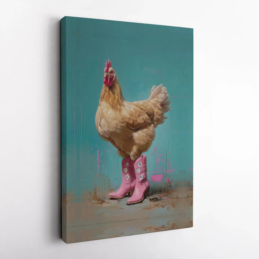 Chicken Wearing Pink Cowboy Boots Wall Art | Whimsical Farmhouse Canvas Print | Premium Gallery Wrap Decor | Farmhouse Kitchen Gift for Her