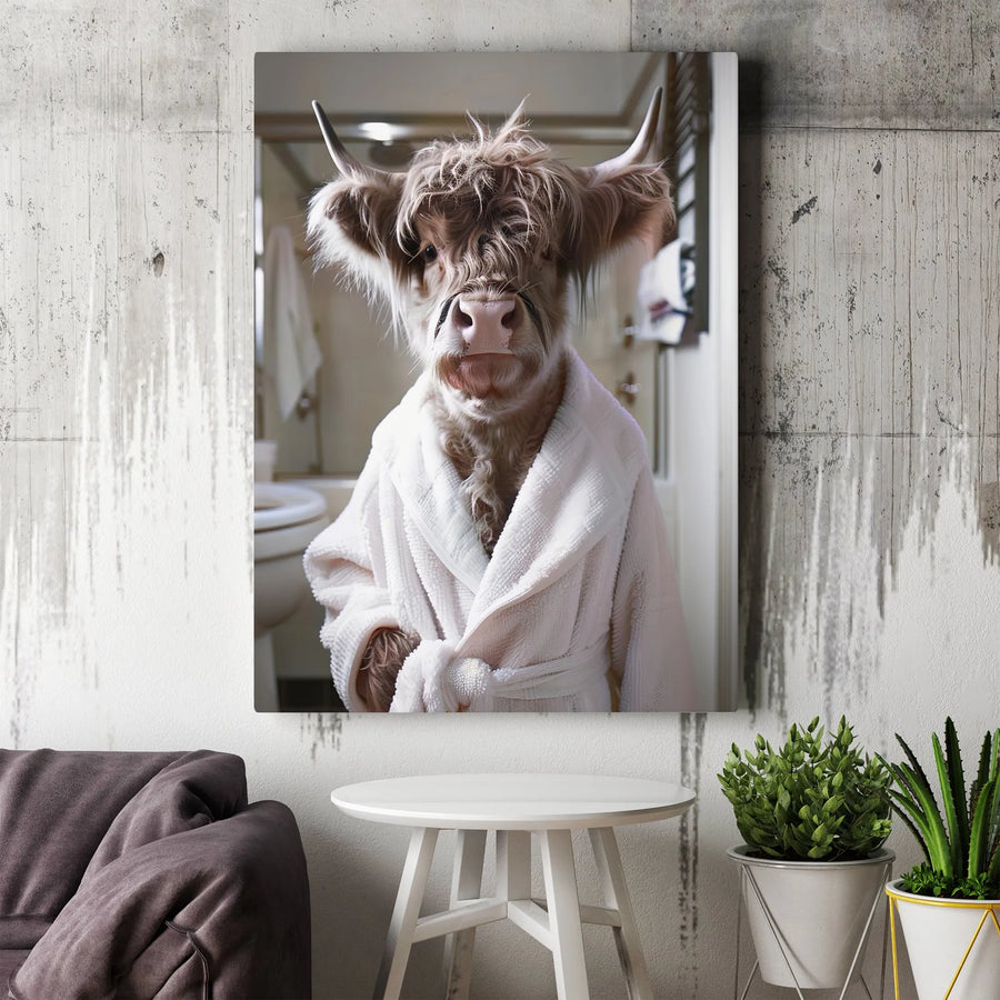 Funny Highland Cow Canvas Wall Art | Cow in Bathrobe Portrait, Quirky Bathroom Decor | Premium Gallery Wrapped Canvas | Housewarming Gift for Animal Lovers