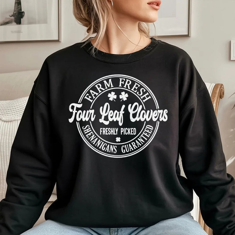 Farm Fresh Four Leaf Clovers Sweatshirt | Vintage St Patricks Day Shamrock Design | Premium Cotton Blend | Funny Irish Gift For Men And Women