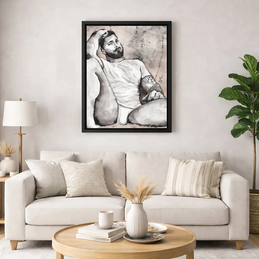 Bearded Man Wall Art | Watercolor Male Portrait Print | Premium Gallery Wrapped Canvas | Masculine Home Decor for Bedroom or Living Room