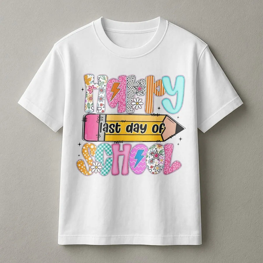 Happy Last Day of School T-Shirt | Colorful Retro Graphic Sweatshirt | Premium Cotton Blend | End of Year Gift for Teacher