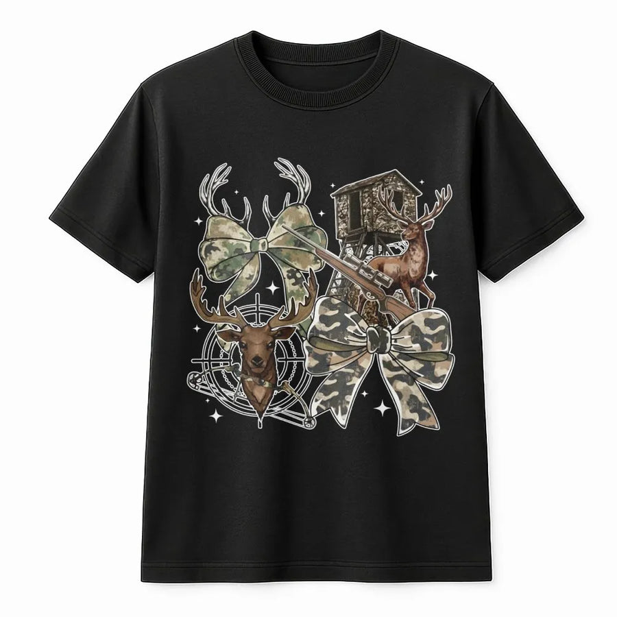 Hunting Season T-Shirt | Camo Bow Deer Hunter Graphic | Premium Cotton Unisex Apparel | Gift for Deer Hunters and Outdoor Enthusiasts