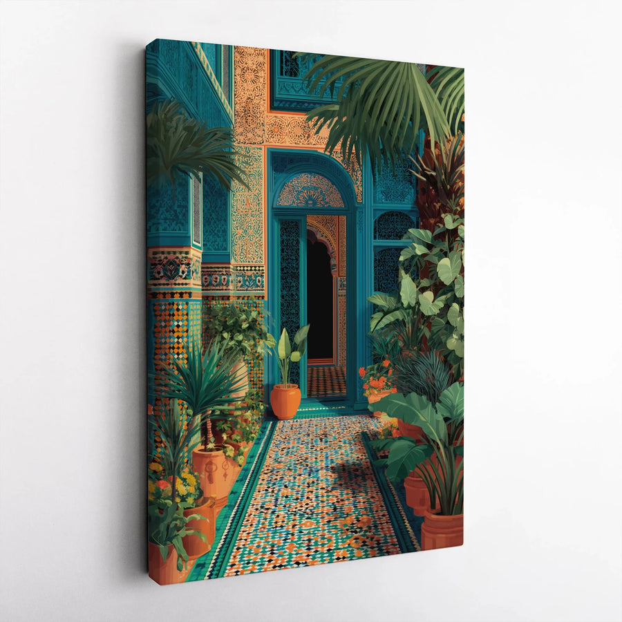 Moroccan Riad Canvas Wall Art | Vibrant Tiled Courtyard with Palm Trees | Premium Gallery Wrapped Print | Exotic Travel Home Decor Gift