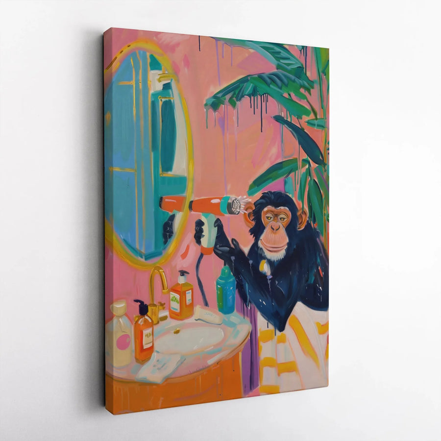 Chimpanzee Bathroom Canvas Wall Art | Whimsical Monkey Blow Drying Hair Print | 1.25 Inch Gallery Wrap | Pop Art Animal Home Decor Gift