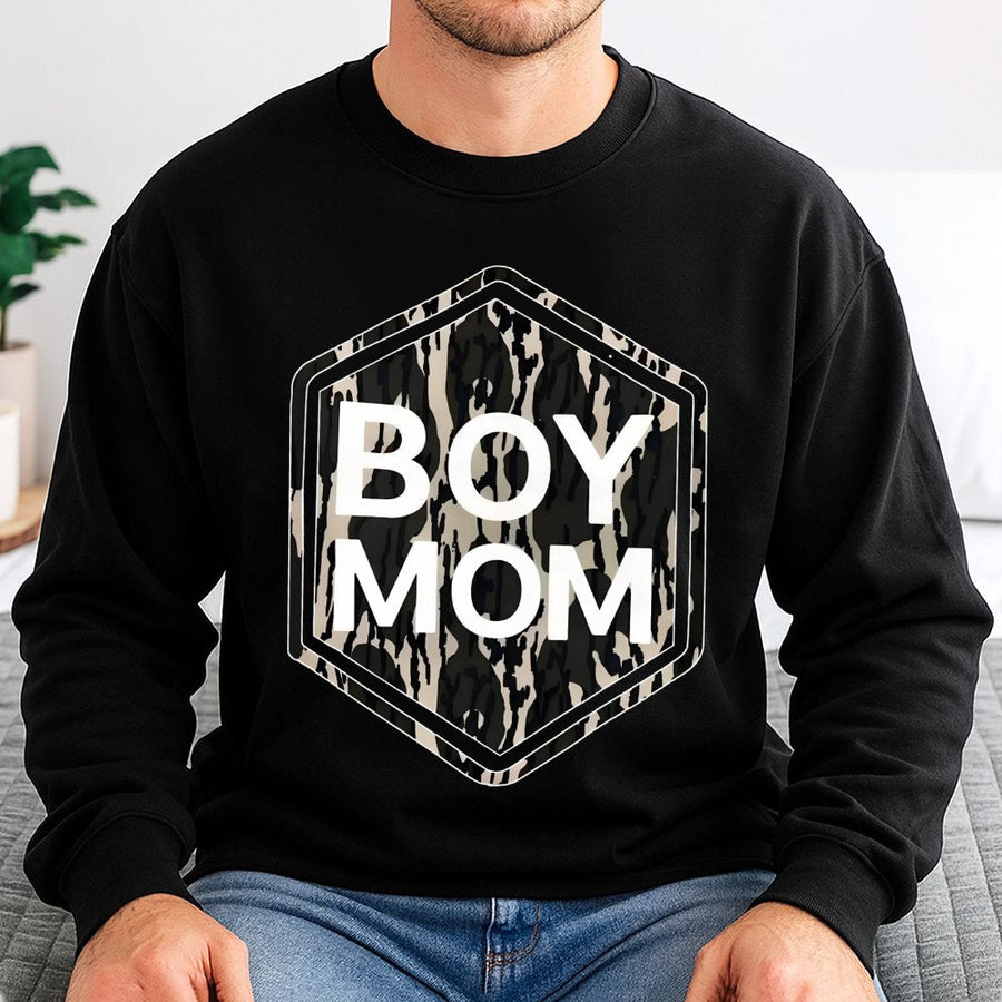 Boy Mom Sweatshirt | Vintage Camo Hexagon Print | Premium Cotton-Blend | Trendy Gift for Her
