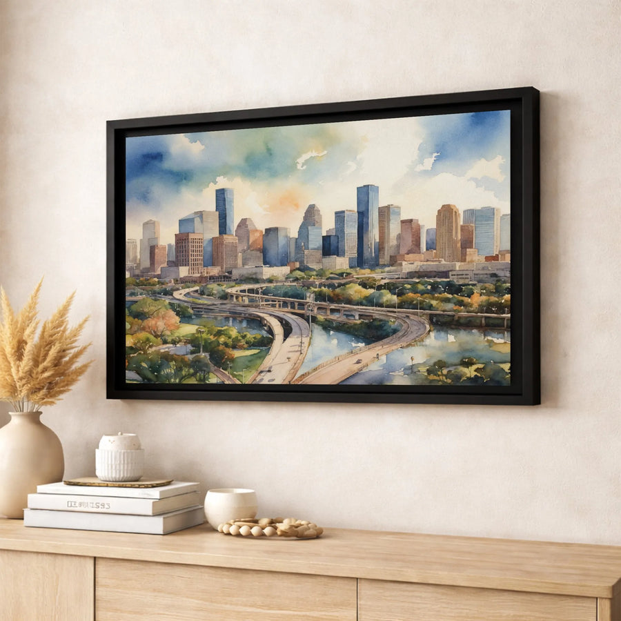 Houston Skyline Wall Art | Watercolor Texas Cityscape Painting | Premium 1.25" Gallery Canvas | Unique Texas Decor Gift for Home or Office