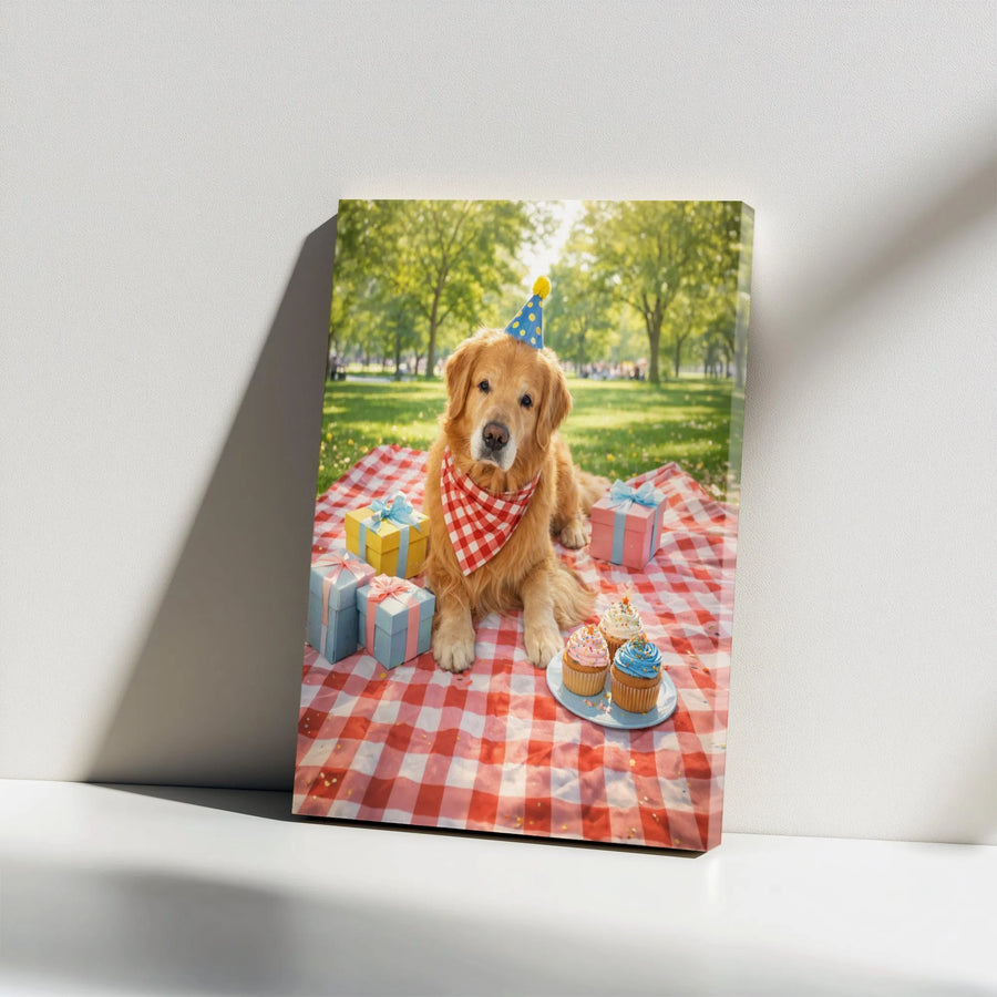 Golden Retriever Birthday Canvas Wall Art | Cute Dog Party Picnic Photo | Premium Gallery Quality Print | Gift for Dog Lover & Pet Owner