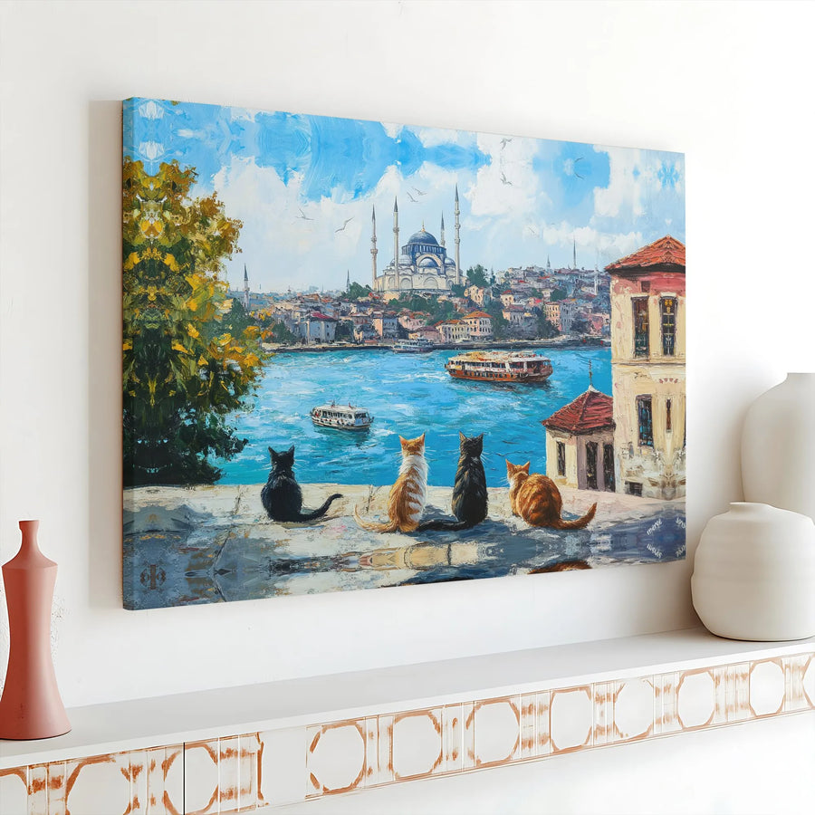 Istanbul Skyline Canvas Wall Art | Four Cats Painting Overlooking Bosphorus | Premium Gallery Wrap Print | Unique Travel Gift for Cat Lovers