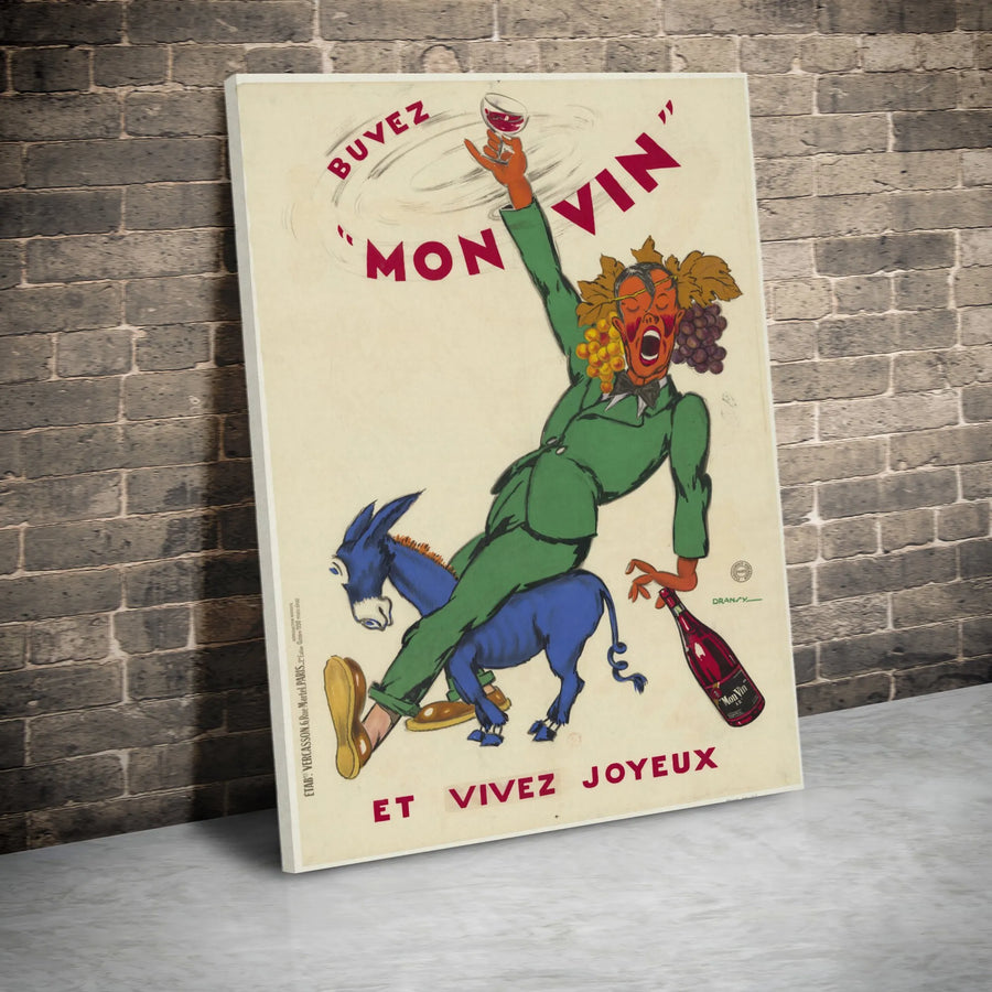 Vintage French Wine Poster Canvas | Buvez Mon Vin Art Print | Premium Gallery Wrapped Wall Decor | Unique Bar & Kitchen Gift