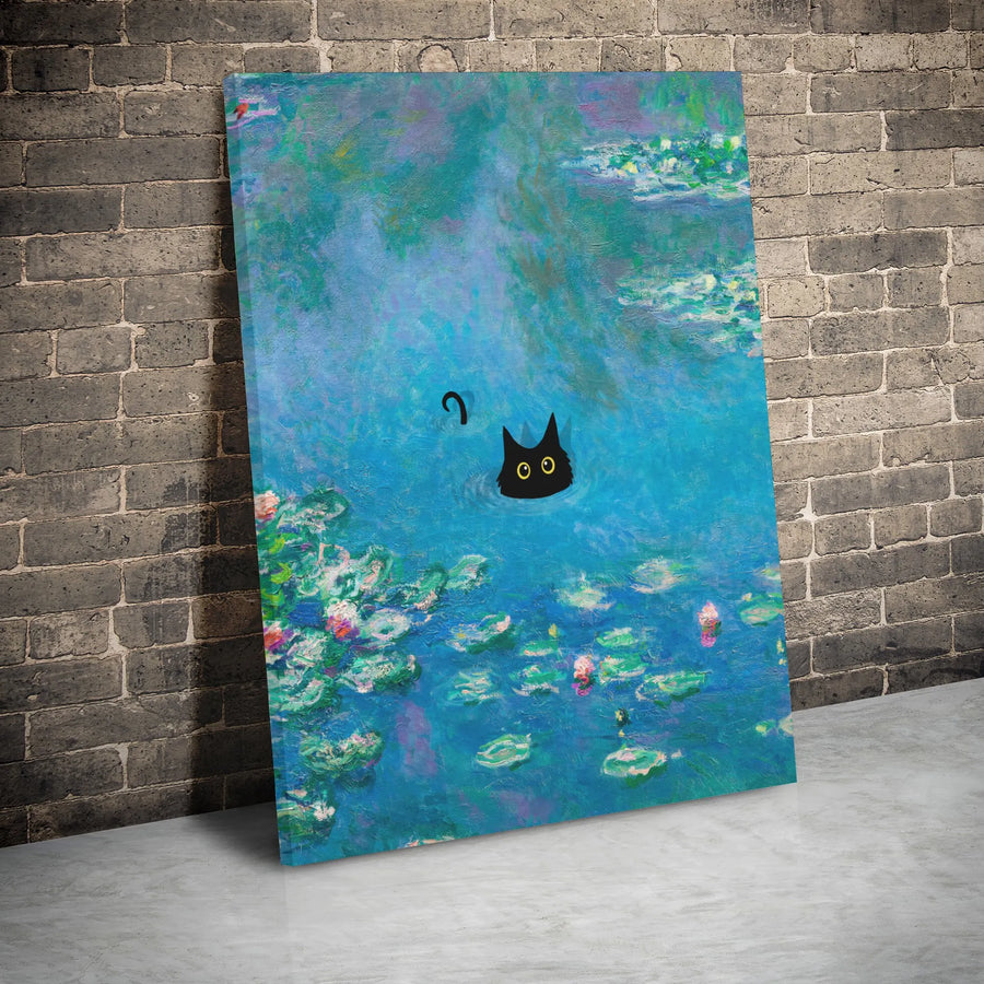 Black Cat Canvas Wall Art | Monet Water Lilies Impressionist Style | 1.25 Inch Gallery Wrap | Unique Cat Lover Gift & Home Decor