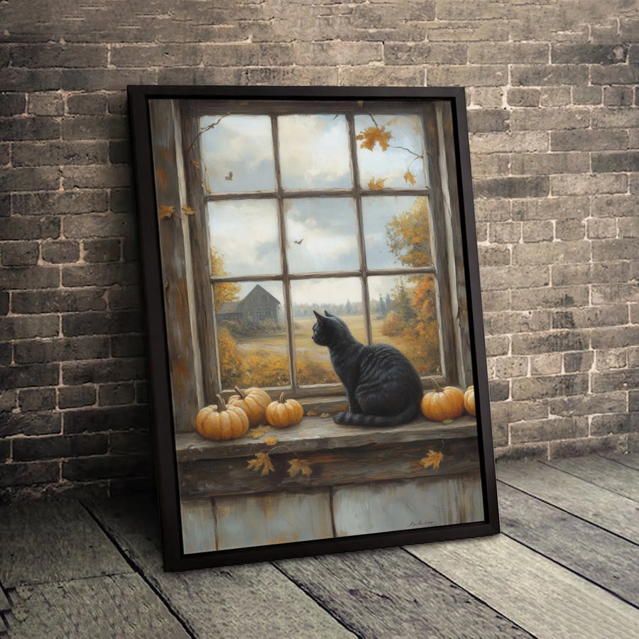 Black Cat Wall Art | Autumn Farmhouse Window Scene with Pumpkins | Premium Gallery Canvas | Cozy Fall Seasonal Home Decor Gift