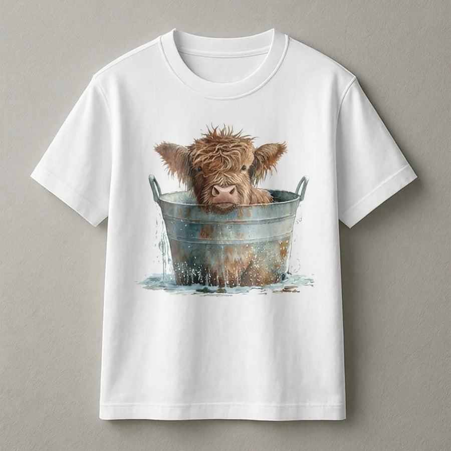 Highland Cow In Bucket T-Shirt | Cute Farm Animal Watercolor Graphic | 100% Cotton Premium Apparel | Gift For Cow Lovers And Farmers
