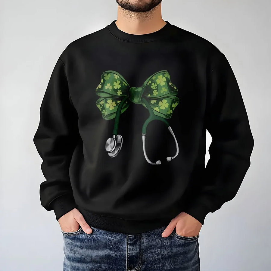 St. Patrick's Day Nurse Sweatshirt | Shamrock Coquette Bow Stethoscope Design | Premium Cotton Blend | Gift For RN LPN Nursing Student