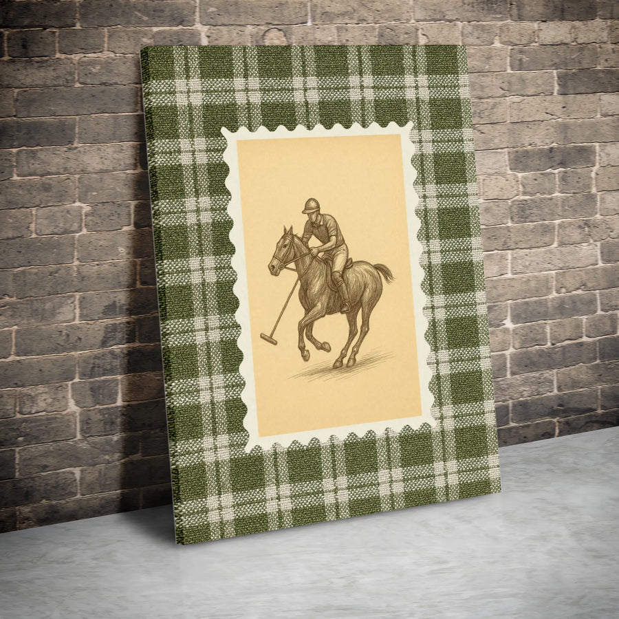 Equestrian Polo Player Wall Art | Vintage Horse Sketch on Green Plaid Border | Premium Gallery-Wrapped Canvas | Sophisticated Home Office Decor Gift