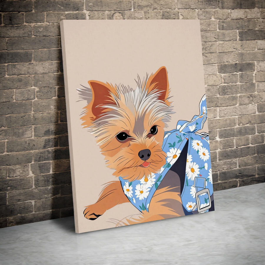 Yorkshire Terrier Canvas Wall Art | Cute Yorkie Dog Portrait with Daisy Bandana | Premium Gallery Wrapped Canvas | Gift for Dog Lover