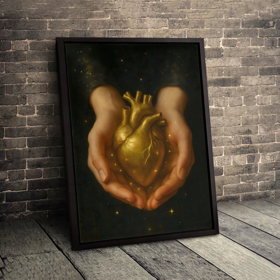 Golden Anatomical Heart Canvas Wall Art | Surreal Celestial Hands Illustration | Premium Gallery Wrapped Print | Spiritual Home Decor Gift