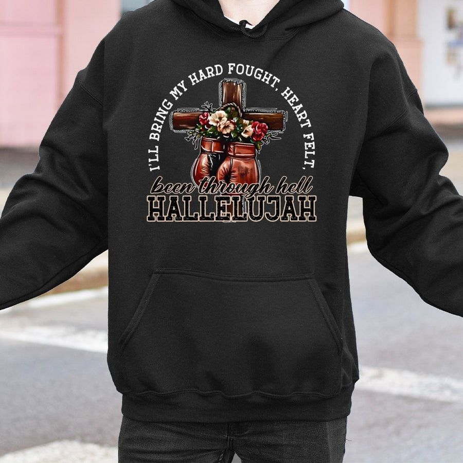Been Through Hell Hallelujah Hoodie | Christian Boxing Cross Graphic Print | Premium Cotton Blend | Faith Inspired Gift for Strong Women