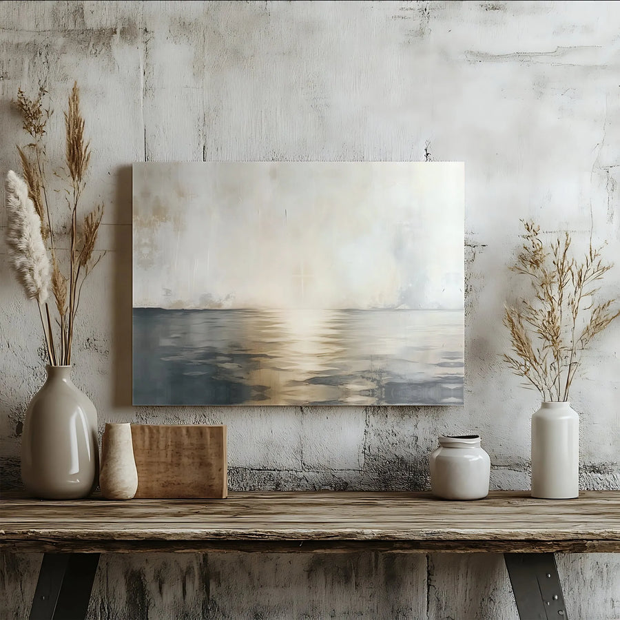 Abstract Seascape Canvas Wall Art | Glowing Cross Ocean Horizon Print | 1.25 Inch Gallery Wrap | Minimalist Modern Religious Home Decor Gift