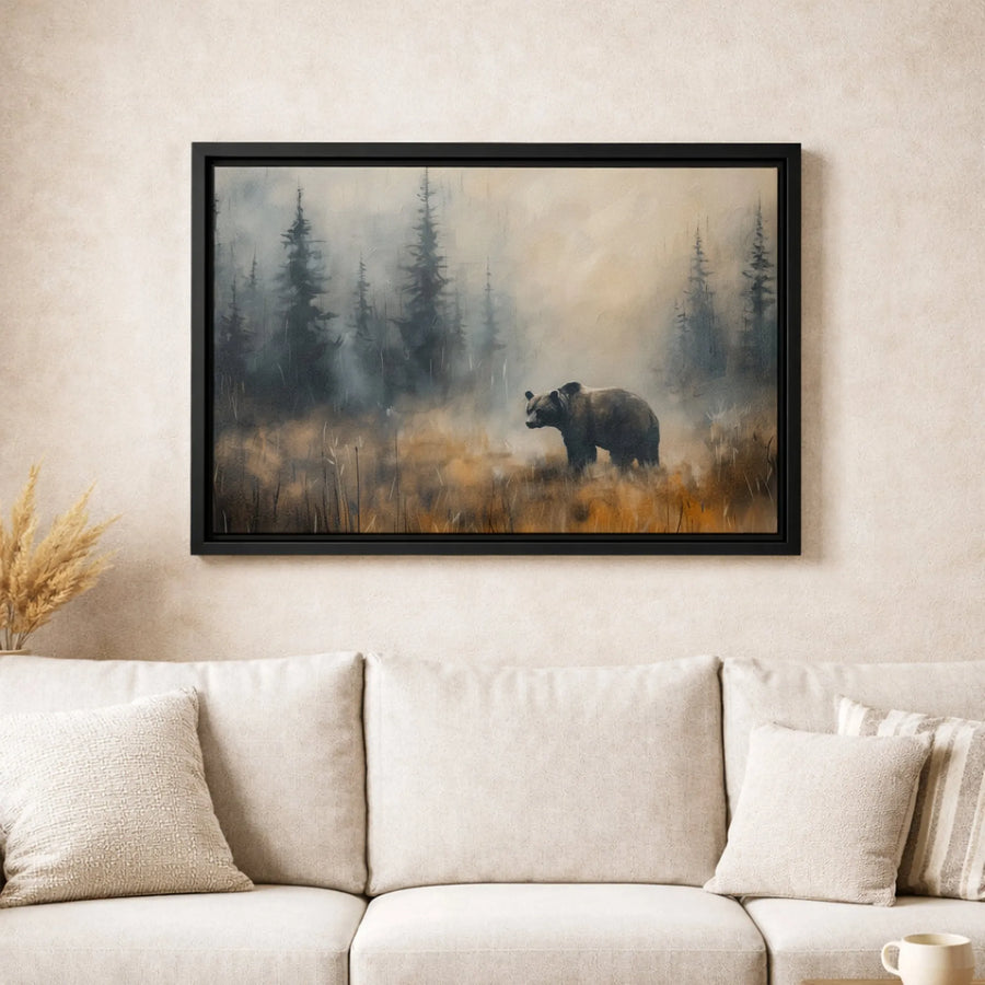 Grizzly Bear Wall Art | Misty Pine Forest Oil Painting Style | Premium 1.25" Gallery Canvas | Rustic Nature Lover Gift