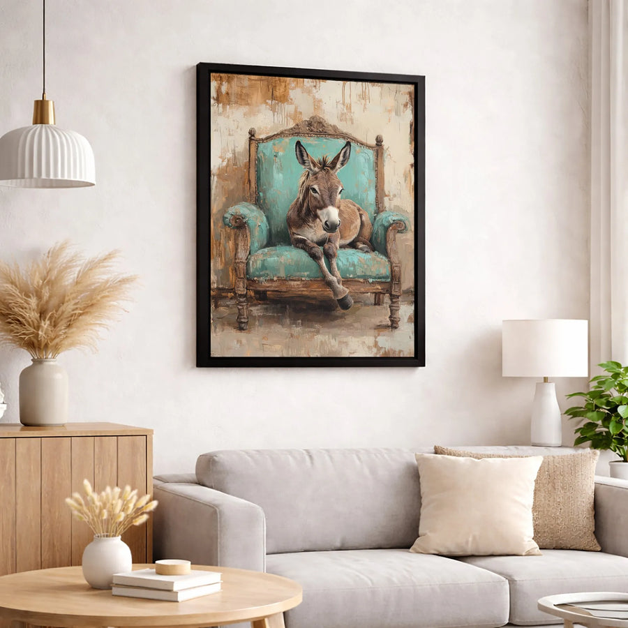 Donkey Sitting in Vintage Armchair Wall Art | Whimsical Farm Animal Portrait | Premium Gallery-Wrapped Canvas | Unique Home Decor Gift for Animal Lovers