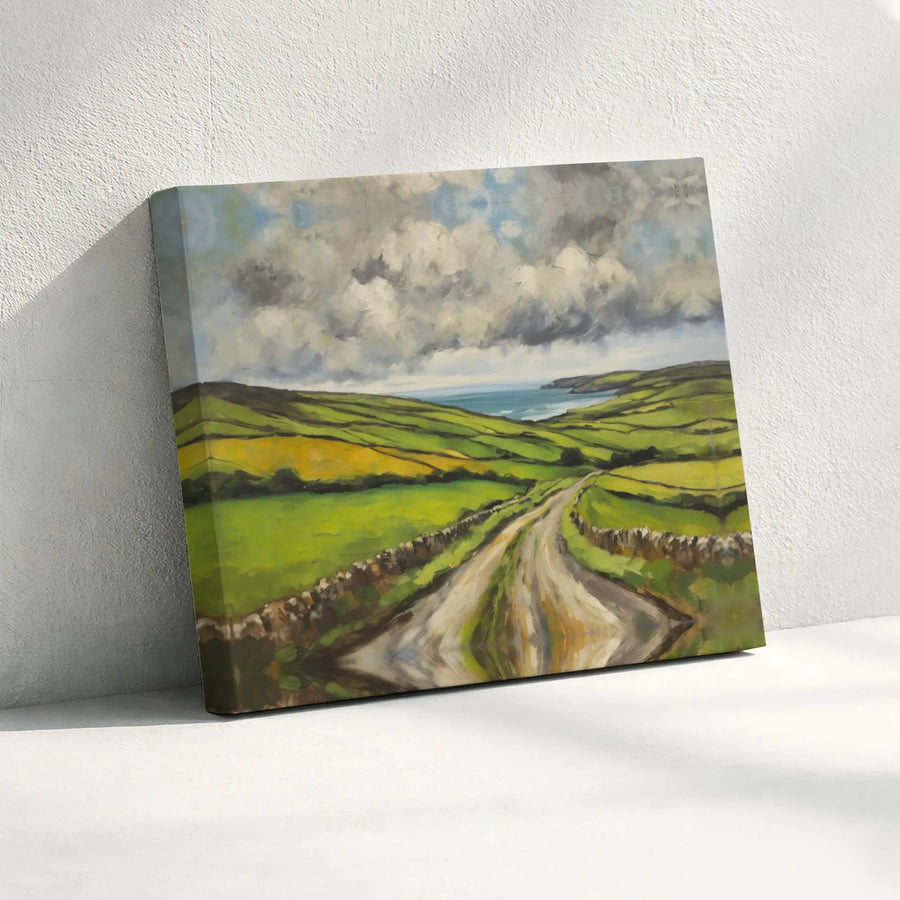 Irish Countryside Canvas Wall Art | Scenic Coastal Road Landscape Painting | Premium Gallery Wrapped Canvas | Rustic Farmhouse Home Decor Gift
