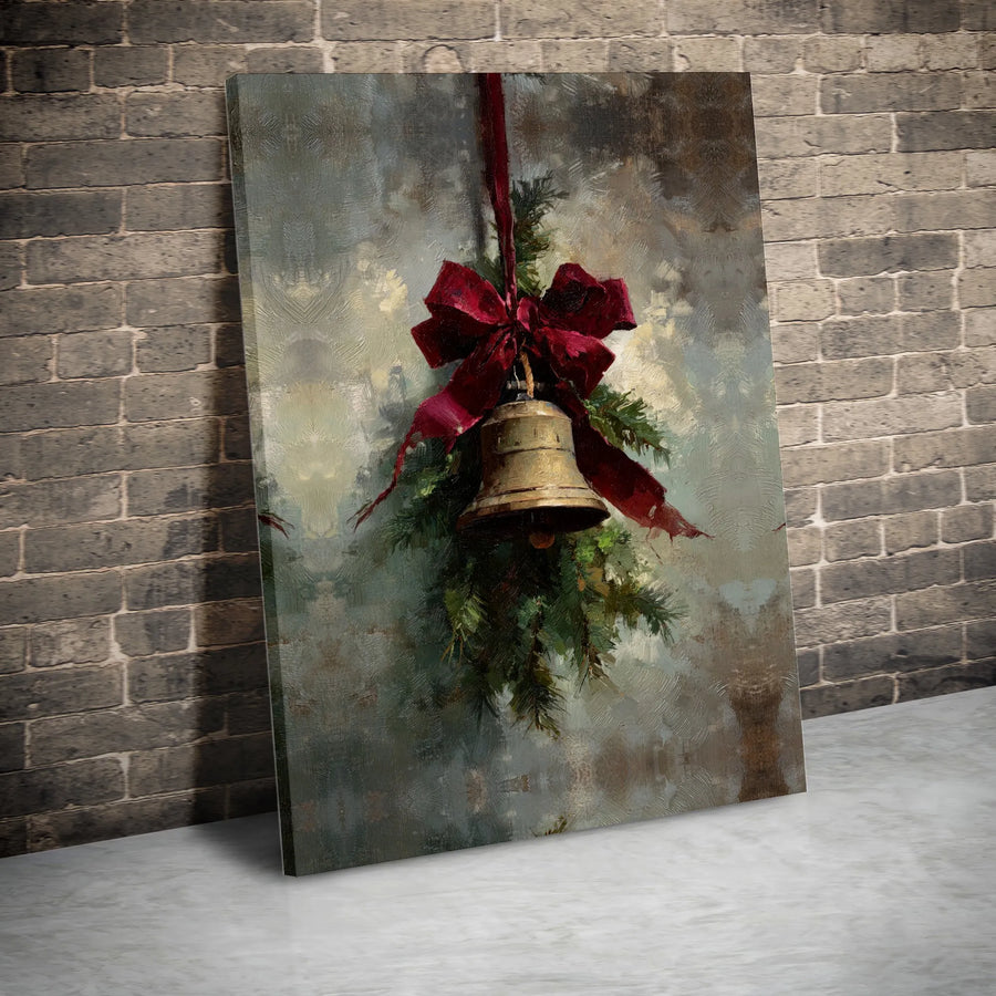 Christmas Bell Canvas Wall Art | Vintage Oil Painting Style with Red Bow | Premium Gallery-Wrapped Print | Festive Holiday Home Decor
