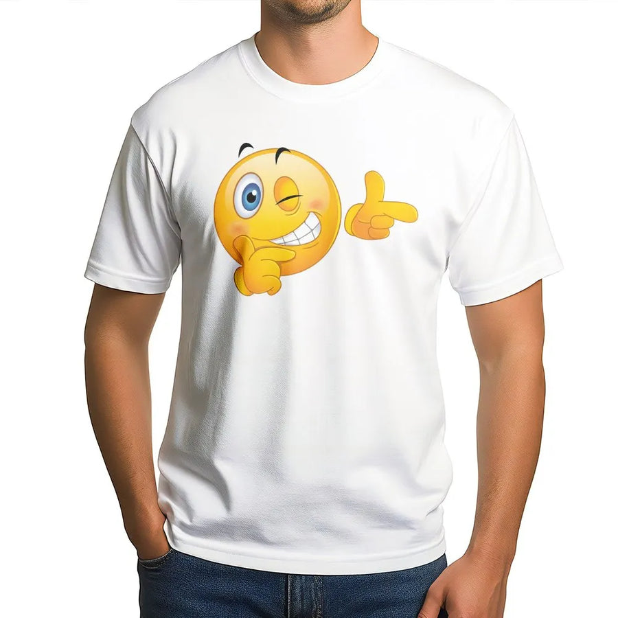 Winking Smiley Finger Guns T-Shirt | Playful Emoji Graphic Design | 100% Cotton Premium Tee | Unisex Funny Gift for Men and Women