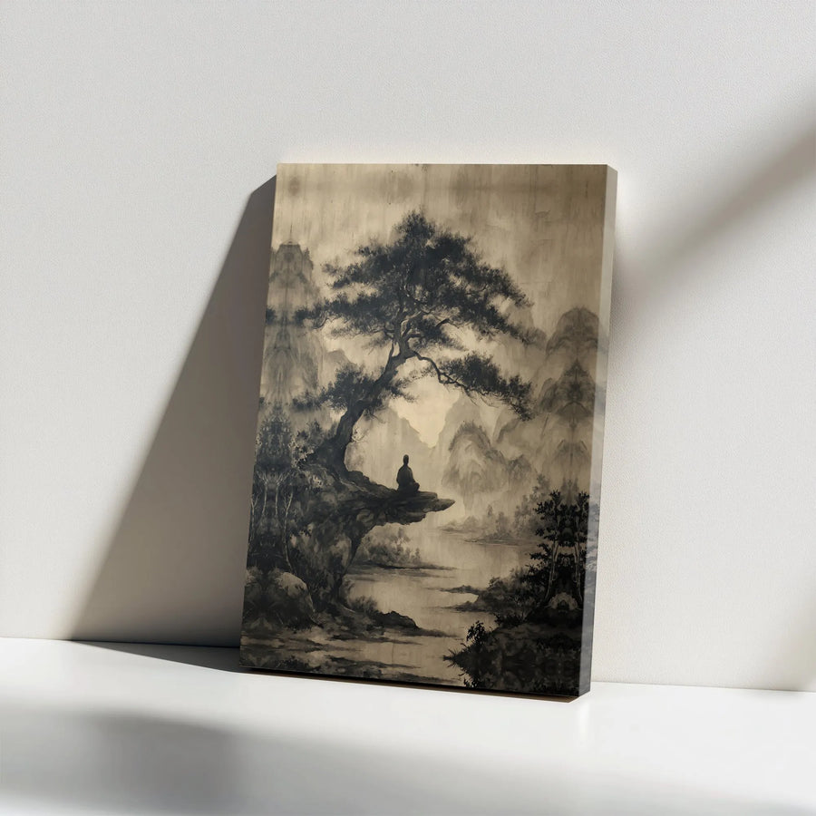 Zen Meditation Canvas Wall Art | Vintage Japanese Ink Wash Landscape | Premium Gallery Quality Print | Spiritual Home Decor Gift for Yoga Lover