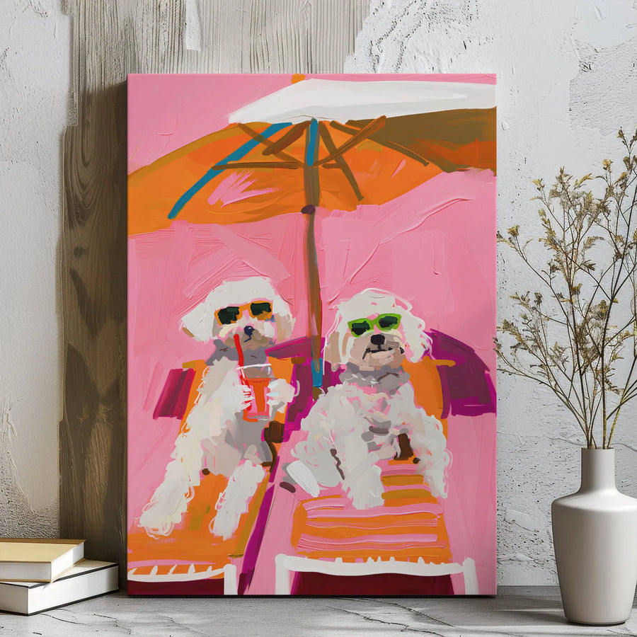 Dog Beach Wall Art | Two White Dogs With Sunglasses Tropical Canvas Print | Premium Gallery Wrapped Decor | Fun Gift for Dog Lovers