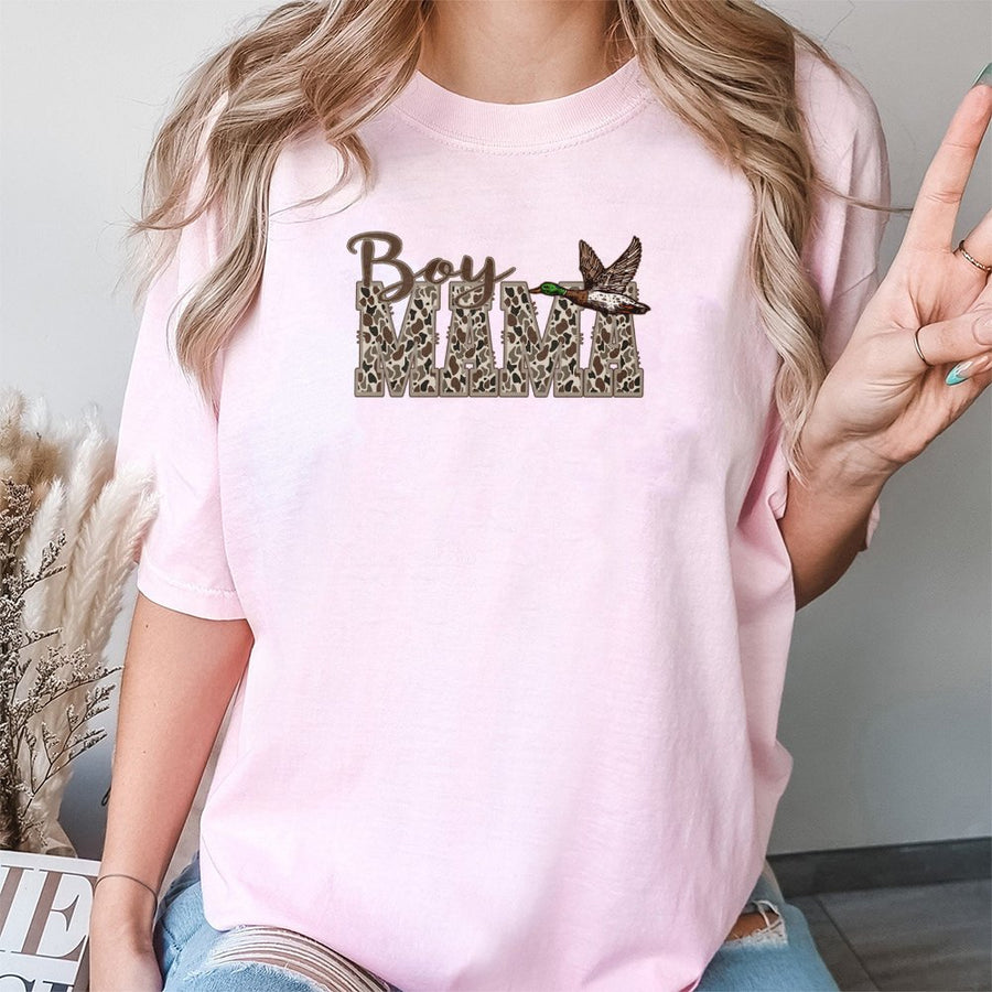 Boy Mama T-Shirt | Duck Hunting Camo Graphic Print | 100% Premium Cotton Tee | Gift for Outdoorsy Mom, Nature Lover