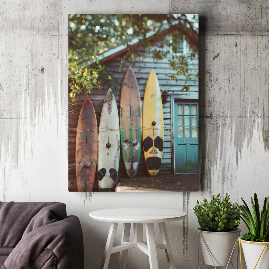 Vintage Surfboard Canvas Wall Art | Retro Surf Shack Photography Print | Premium Thick Gallery Wrap | Gift for Surfer & Beach Lover