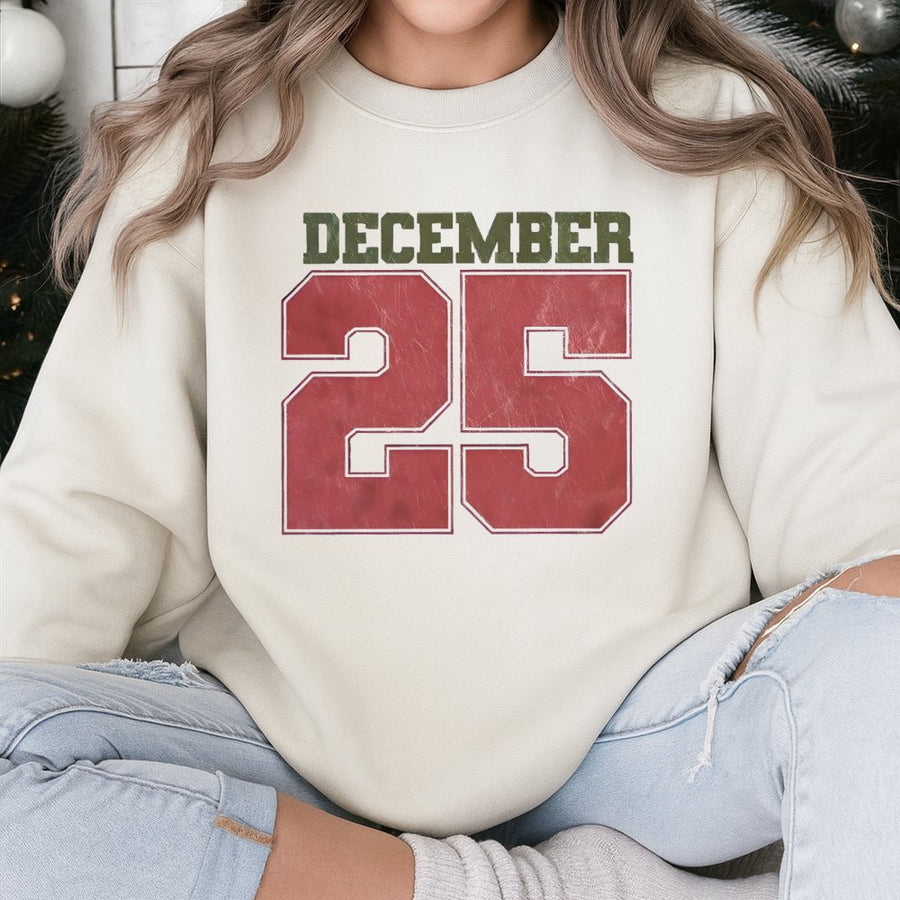 December 25 Christmas Sweatshirt | Retro Varsity Font Holiday Design | Premium Cotton Polyester Blend | Unisex Festive Gift for Family