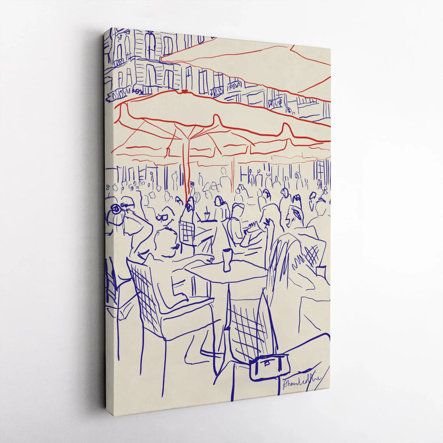 European Cafe Canvas Wall Art | Sketch Style Bistro Scene With Red Umbrellas | Premium Gallery Wrap Print | Modern Kitchen & Living Room Home Decor Gift