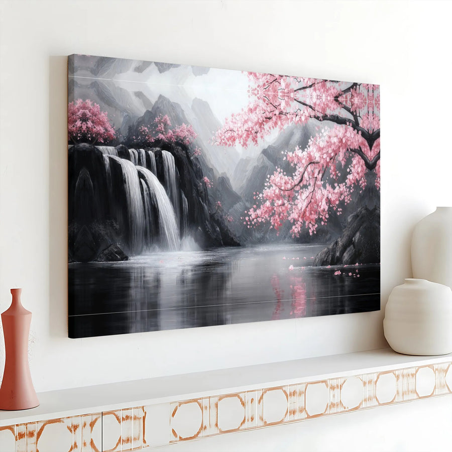 Japanese Cherry Blossom Canvas Wall Art | Pink Sakura Waterfall Landscape | Premium Thick Gallery Wrap | Modern Zen Home Decor Gift