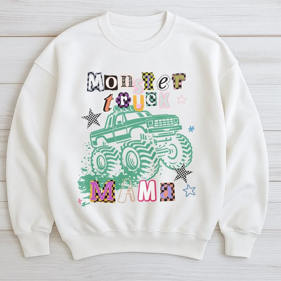 Monster Truck Mama Sweatshirt | Retro Checkered Graphic Pullover | Soft Cotton Blend | Trendy Gift for Mom