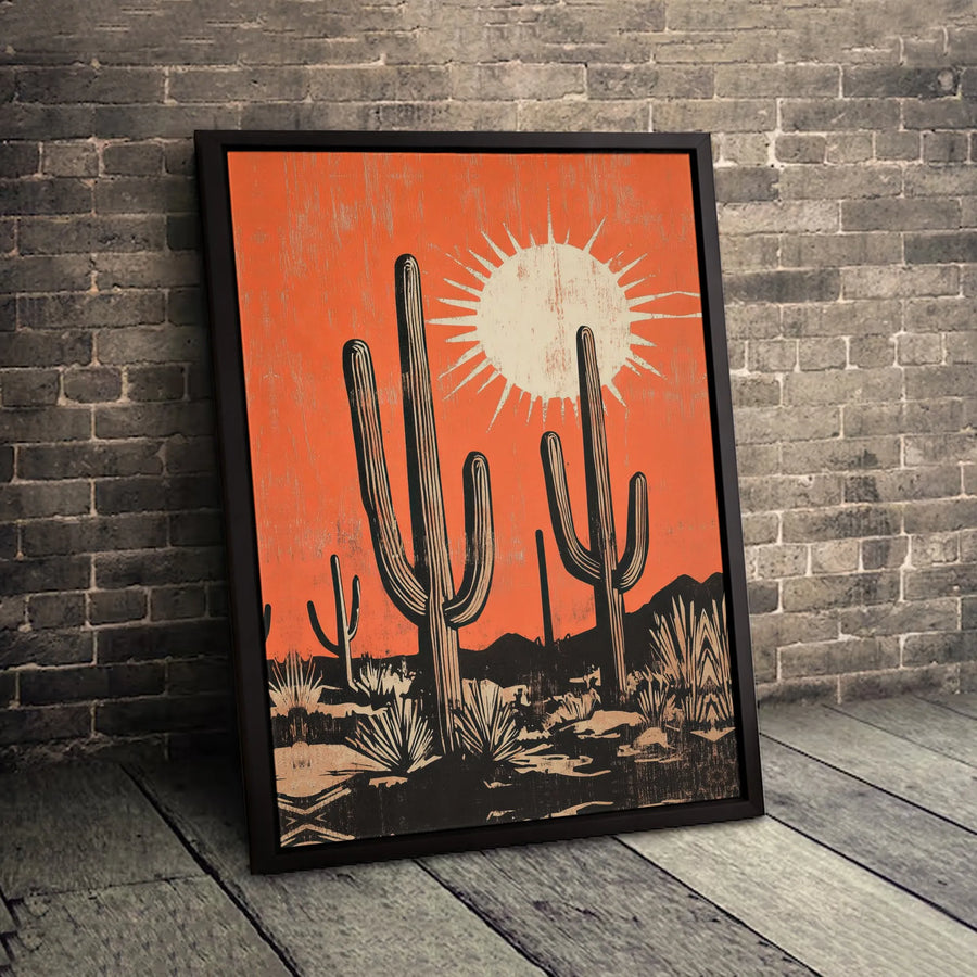 Mid Century Desert Landscape Wall Art | Saguaro Cactus Woodcut Print | Premium Gallery Wrapped Canvas | Southwestern Home Decor Gift