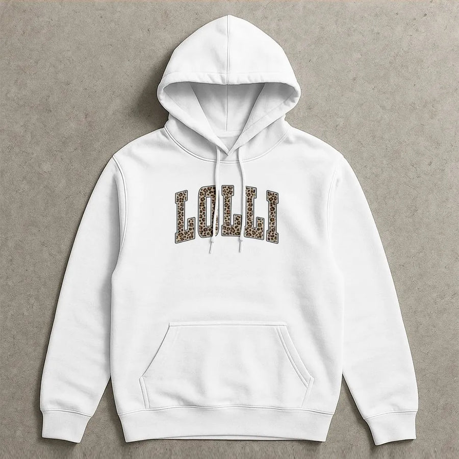 Lolli Hoodie Sweatshirt | Leopard Print Varsity Letters | Premium Cotton-Blend Pullover | Gift for New Grandma