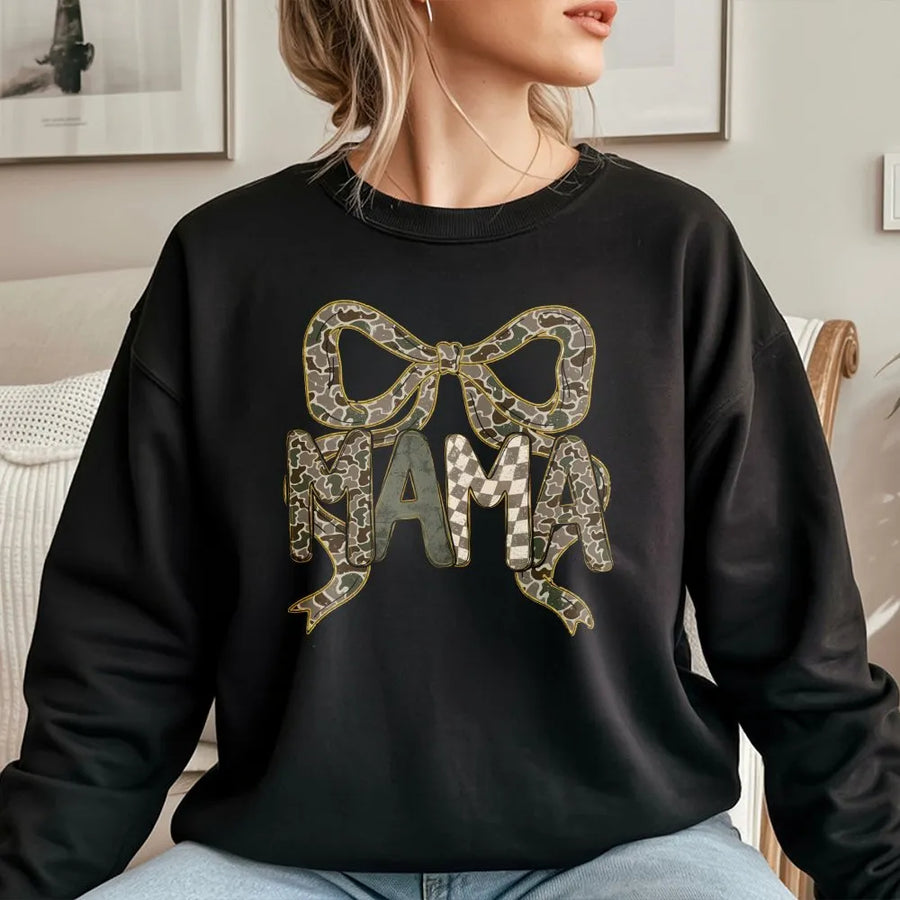 Mama Sweatshirt With Bow | Camo Print Graphic Design | Premium Cotton Blend Crewneck | Cute Mother's Day 2026 Gift For New Moms