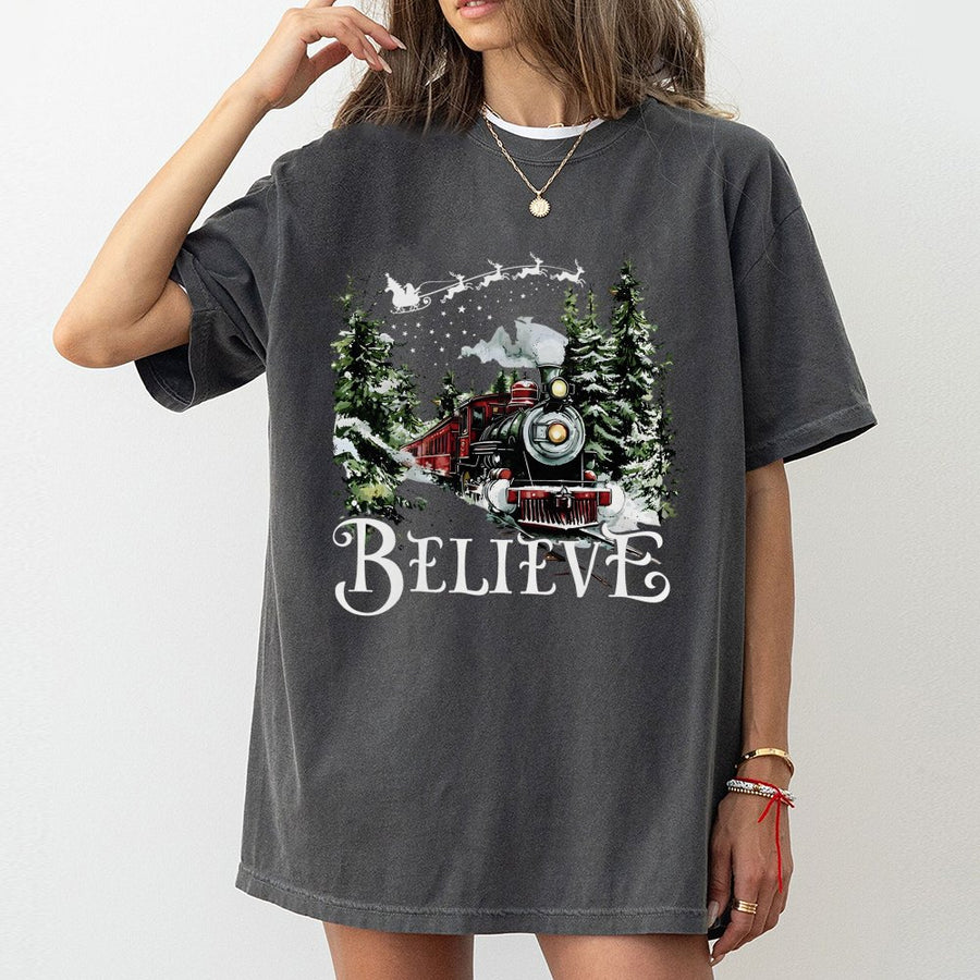 Believe Christmas Train T-Shirt | Vintage Holiday Steam Engine Graphic | Premium 100% Cotton Tee | Gift for Holiday Movie Lovers