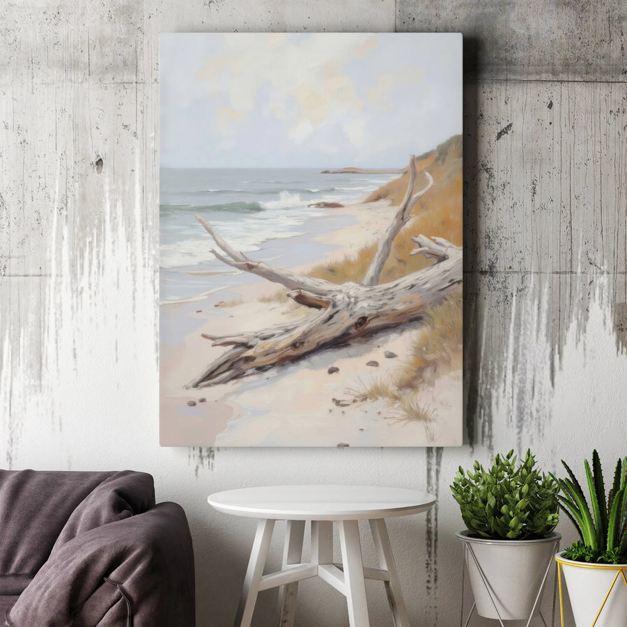 Coastal Beach Canvas Wall Art | Realistic Driftwood Seascape Painting | Premium Thick Canvas Print | Nautical Home Decor Gift