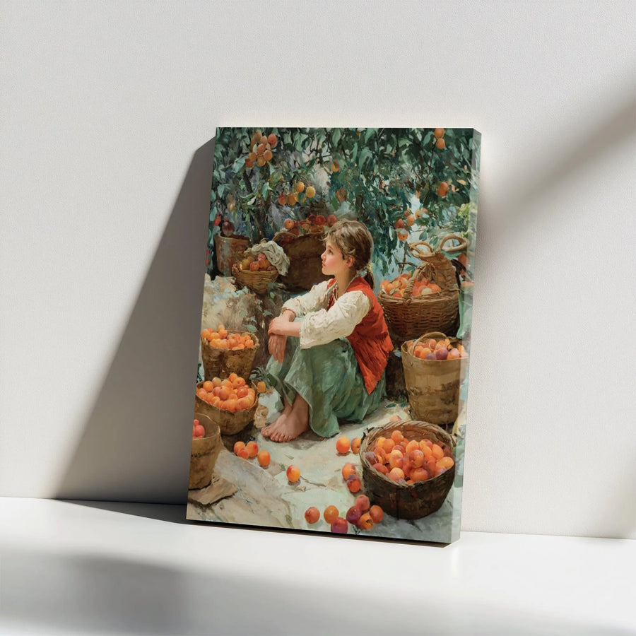 Peach Harvest Canvas Print | Vintage Farm Girl Painting Reproduction | Premium Gallery Wrapped Canvas | Rustic Farmhouse Decor Gift